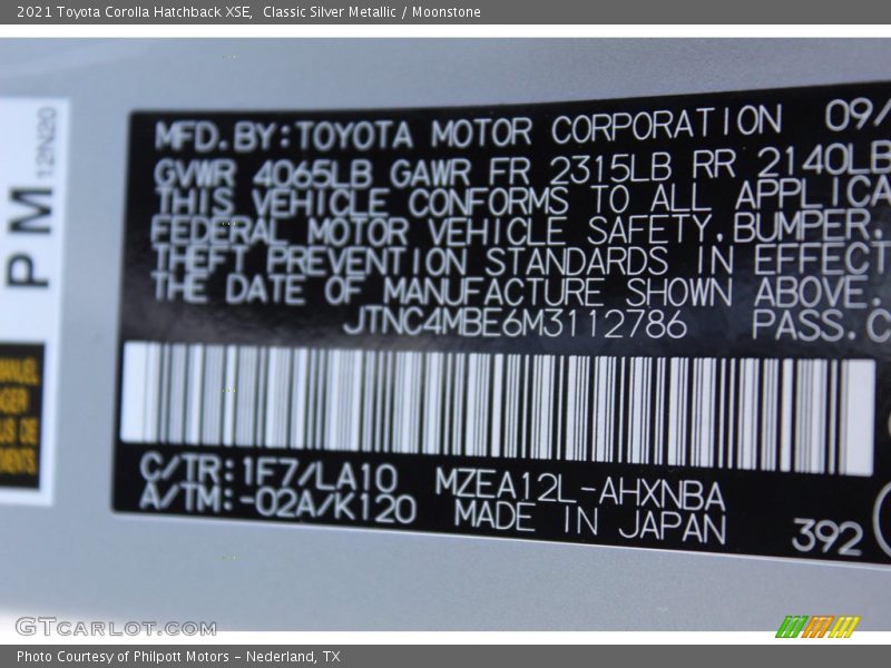 2021 Corolla Hatchback XSE Classic Silver Metallic Color Code 1F7
