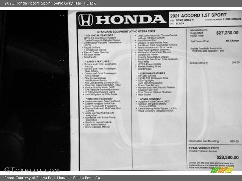  2021 Accord Sport Window Sticker