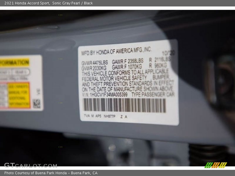 2021 Accord Sport Sonic Gray Pearl Color Code NH877P