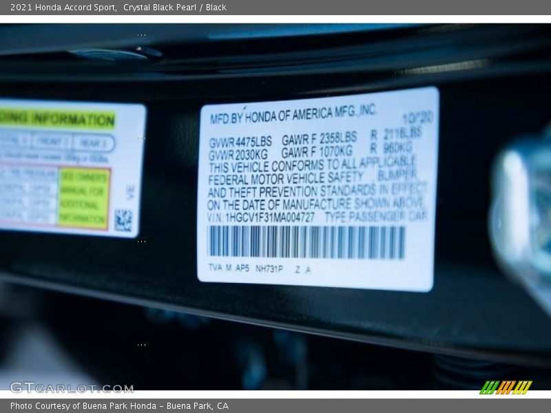 Crystal Black Pearl / Black 2021 Honda Accord Sport
