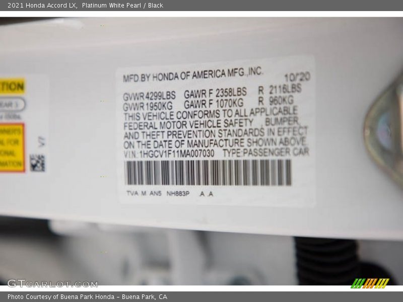 Platinum White Pearl / Black 2021 Honda Accord LX
