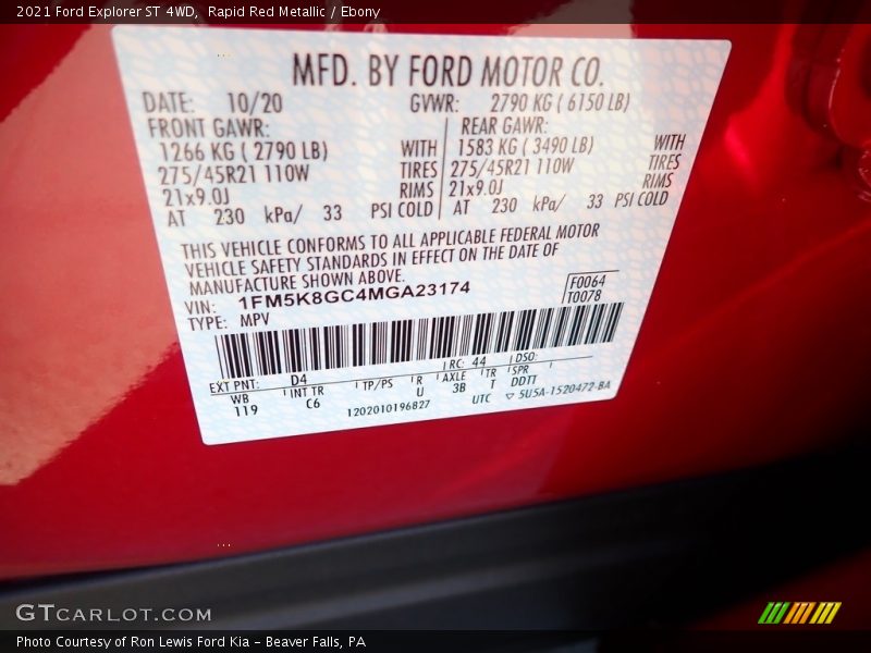 2021 Explorer ST 4WD Rapid Red Metallic Color Code D4