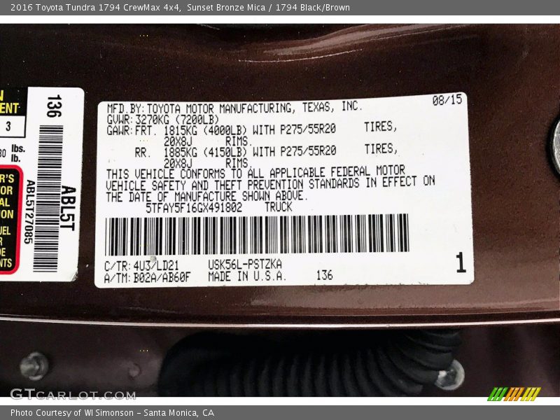 2016 Tundra 1794 CrewMax 4x4 Sunset Bronze Mica Color Code 4U3