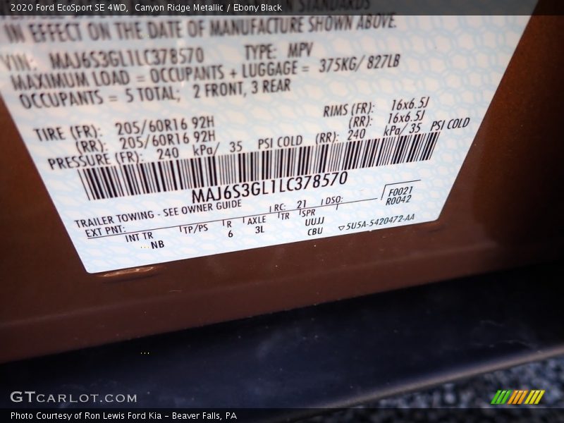 Canyon Ridge Metallic / Ebony Black 2020 Ford EcoSport SE 4WD