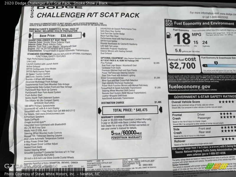 Smoke Show / Black 2020 Dodge Challenger R/T Scat Pack