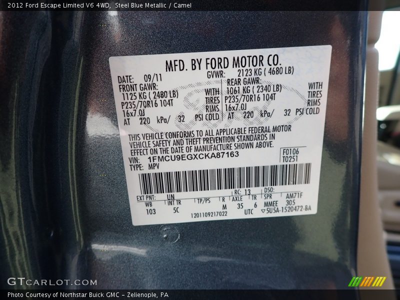 Steel Blue Metallic / Camel 2012 Ford Escape Limited V6 4WD