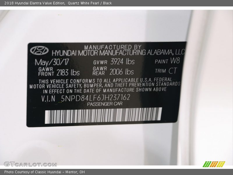 Quartz White Pearl / Black 2018 Hyundai Elantra Value Edition