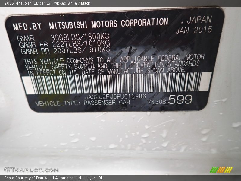 Wicked White / Black 2015 Mitsubishi Lancer ES