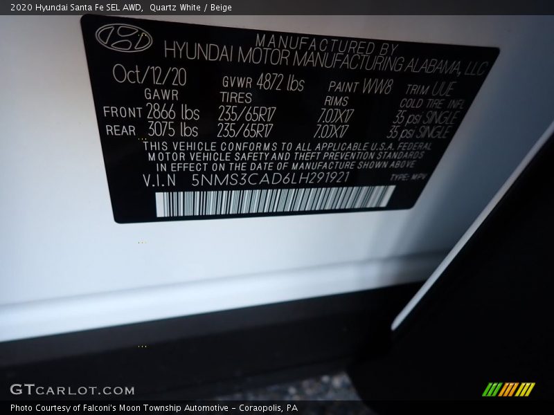 Quartz White / Beige 2020 Hyundai Santa Fe SEL AWD