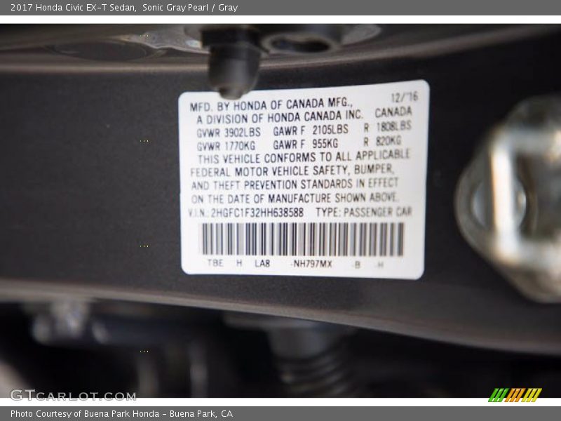 Sonic Gray Pearl / Gray 2017 Honda Civic EX-T Sedan