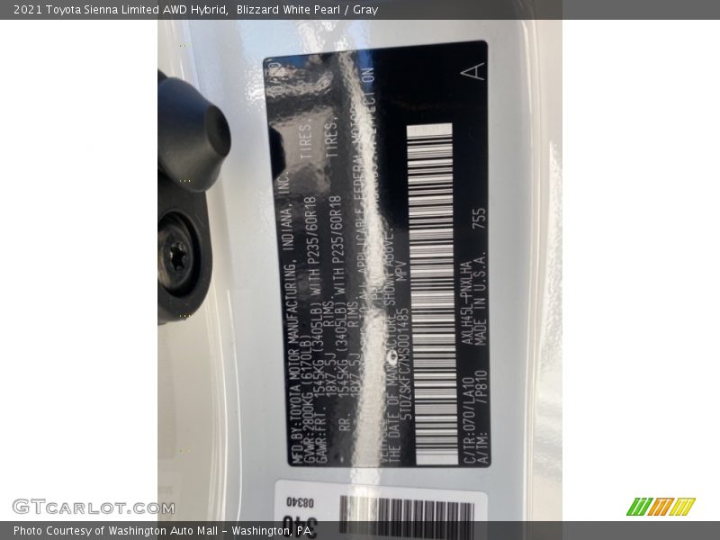 2021 Sienna Limited AWD Hybrid Blizzard White Pearl Color Code 070