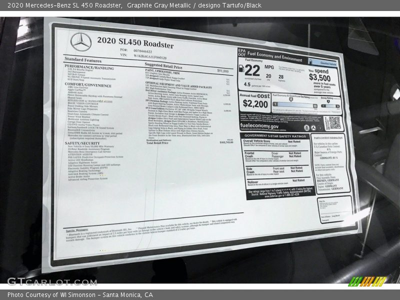  2020 SL 450 Roadster Window Sticker