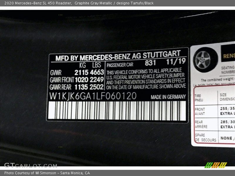 2020 SL 450 Roadster Graphite Gray Metallic Color Code 831