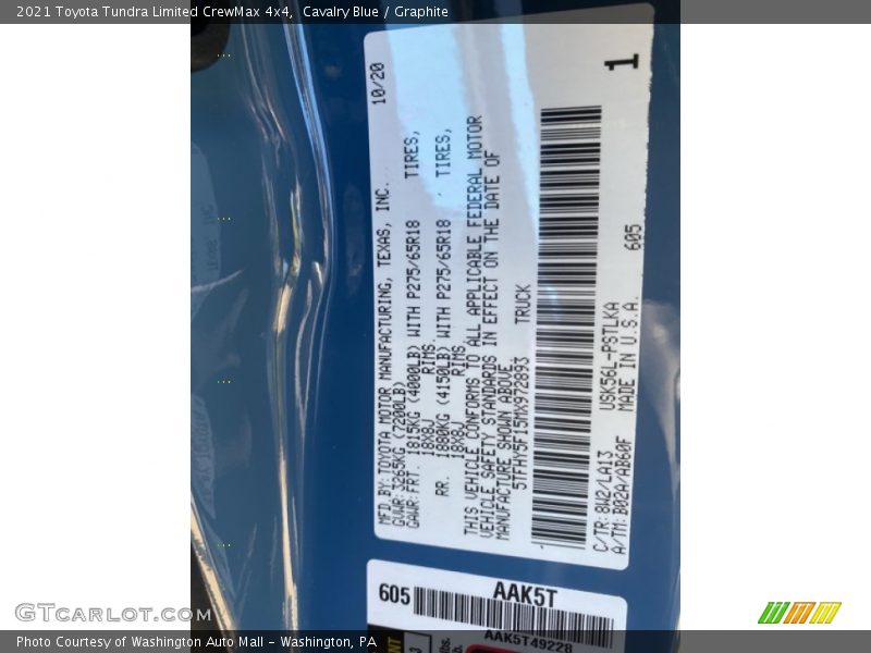 2021 Tundra Limited CrewMax 4x4 Cavalry Blue Color Code 8W2