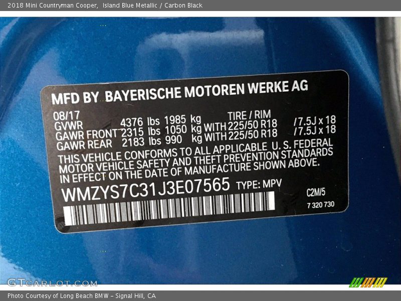 2018 Countryman Cooper Island Blue Metallic Color Code C2M