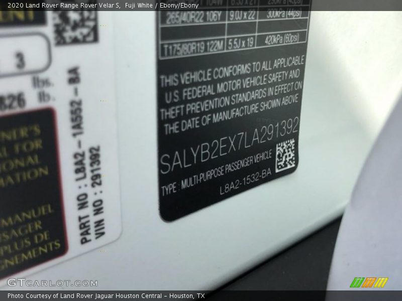 Fuji White / Ebony/Ebony 2020 Land Rover Range Rover Velar S