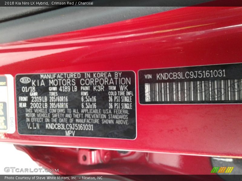 2018 Niro LX Hybrid Crimson Red Color Code K3R