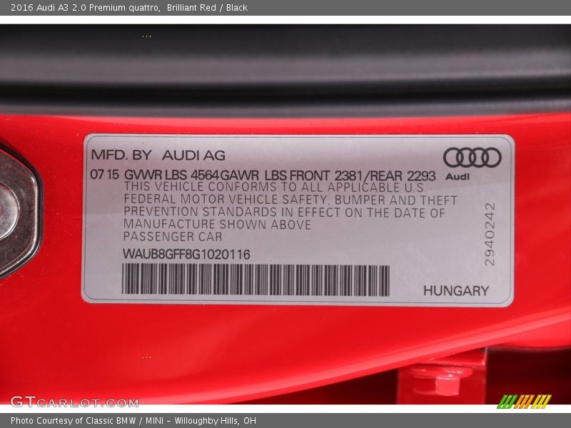 Brilliant Red / Black 2016 Audi A3 2.0 Premium quattro