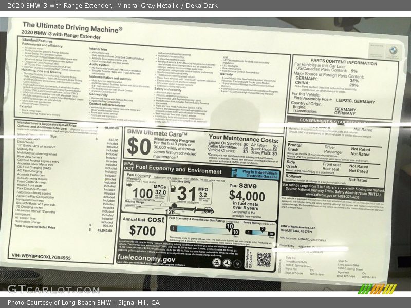 Mineral Gray Metallic / Deka Dark 2020 BMW i3 with Range Extender