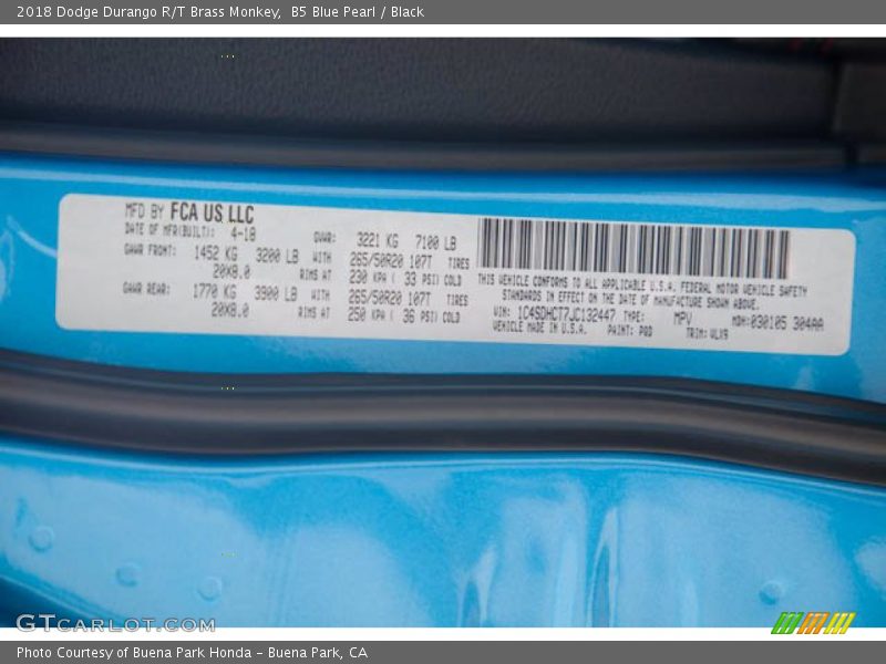 B5 Blue Pearl / Black 2018 Dodge Durango R/T Brass Monkey