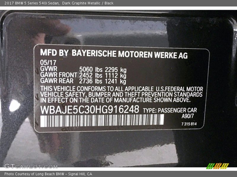 Dark Graphite Metallic / Black 2017 BMW 5 Series 540i Sedan