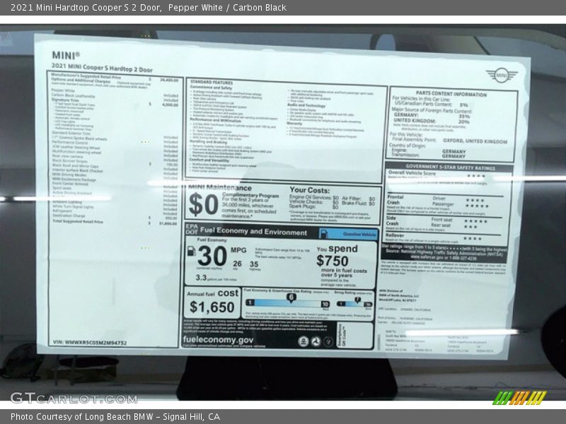 Pepper White / Carbon Black 2021 Mini Hardtop Cooper S 2 Door