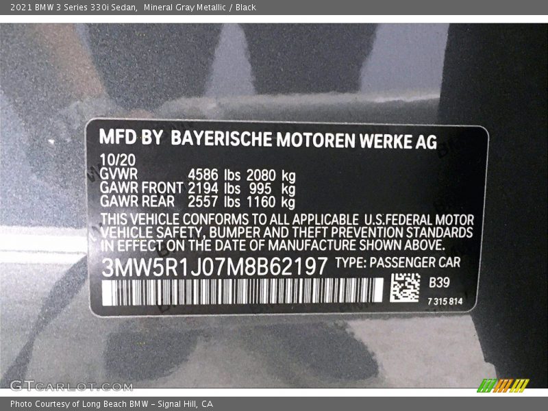 2021 3 Series 330i Sedan Mineral Gray Metallic Color Code B39