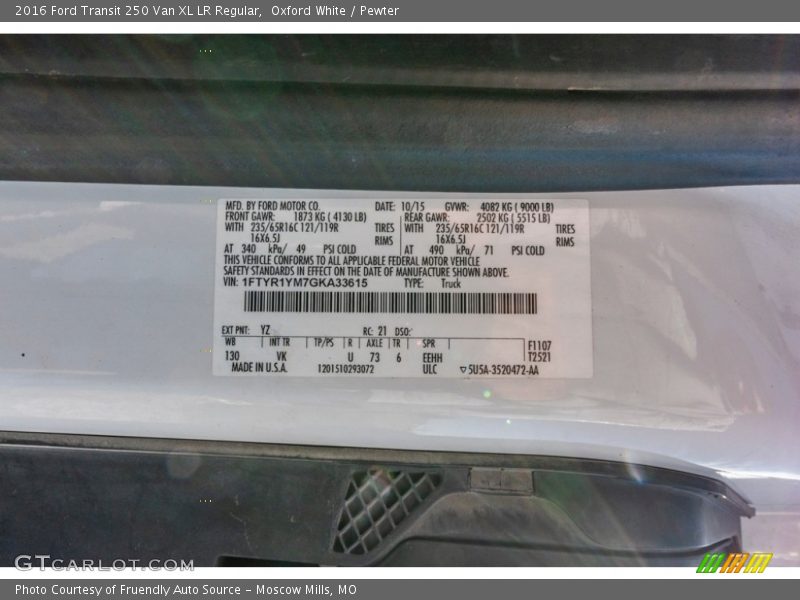 Oxford White / Pewter 2016 Ford Transit 250 Van XL LR Regular