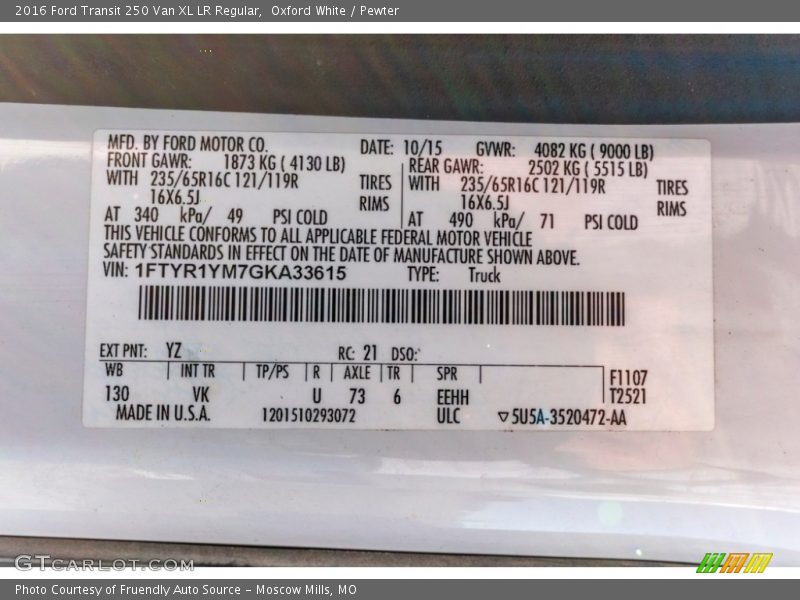 2016 Transit 250 Van XL LR Regular Oxford White Color Code YZ
