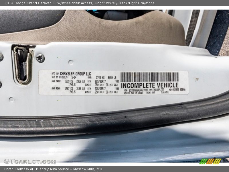 2014 Grand Caravan SE w/Wheelchair Access Bright White Color Code PW7