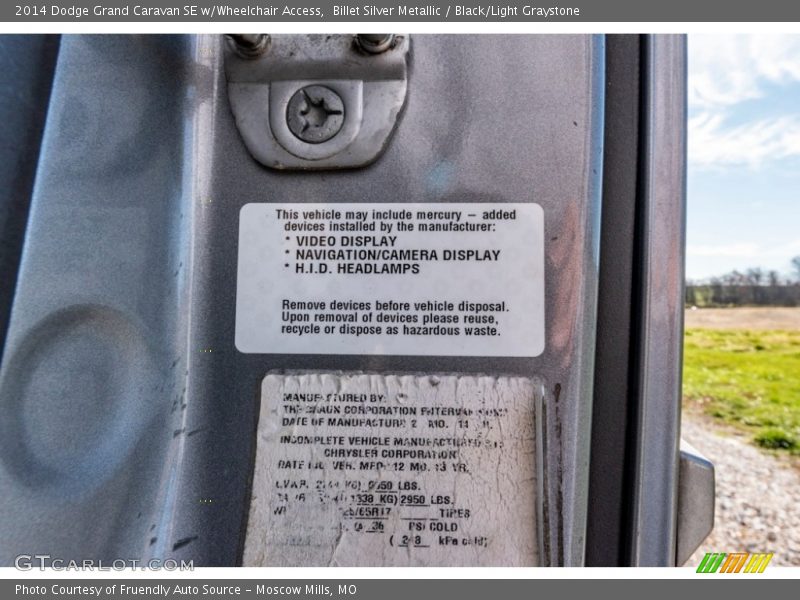 Billet Silver Metallic / Black/Light Graystone 2014 Dodge Grand Caravan SE w/Wheelchair Access
