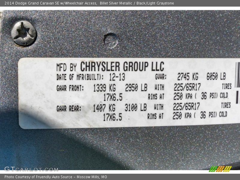 Billet Silver Metallic / Black/Light Graystone 2014 Dodge Grand Caravan SE w/Wheelchair Access