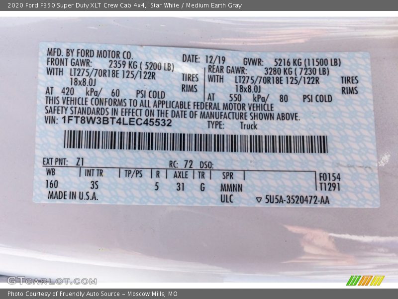 2020 F350 Super Duty XLT Crew Cab 4x4 Star White Color Code Z1