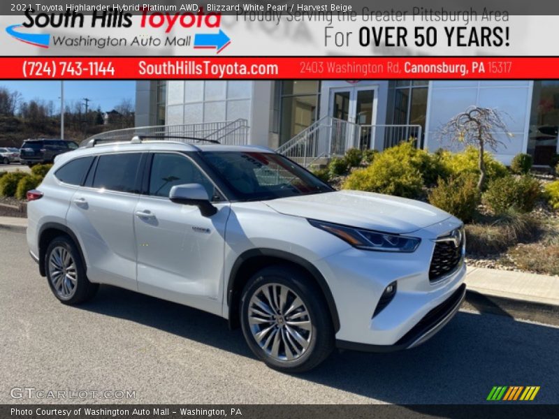 Blizzard White Pearl / Harvest Beige 2021 Toyota Highlander Hybrid Platinum AWD
