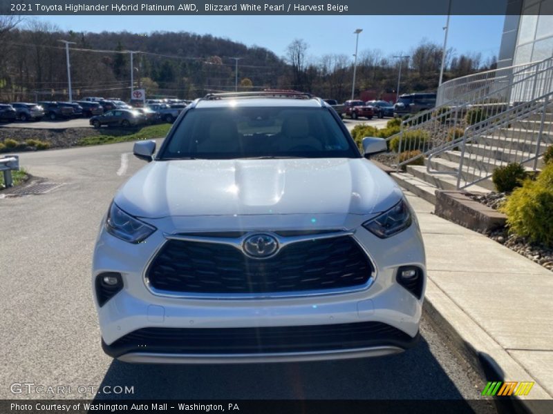 Blizzard White Pearl / Harvest Beige 2021 Toyota Highlander Hybrid Platinum AWD