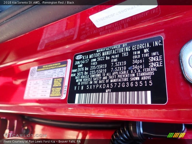 Remington Red / Black 2018 Kia Sorento SX AWD