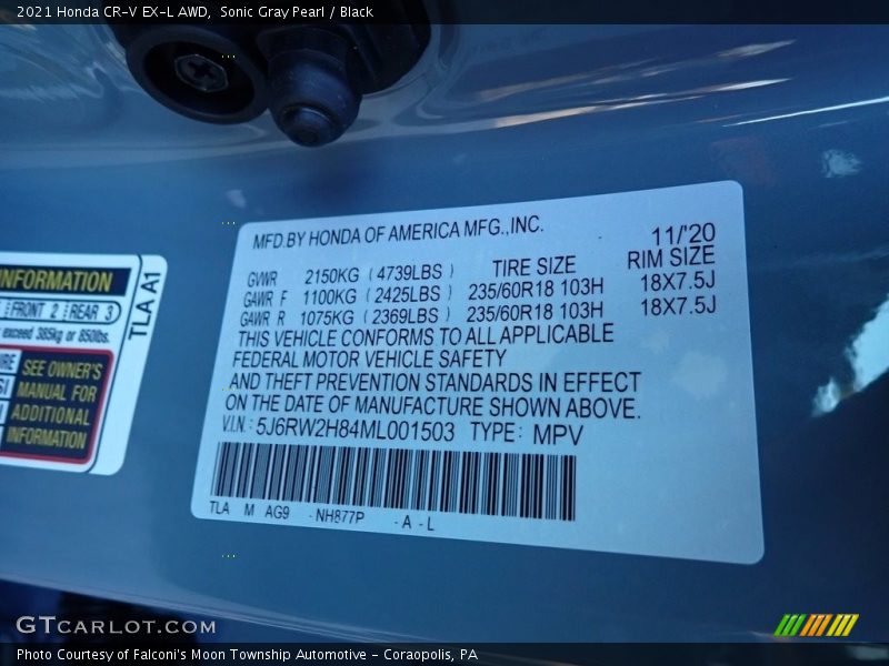 2021 CR-V EX-L AWD Sonic Gray Pearl Color Code NH877P