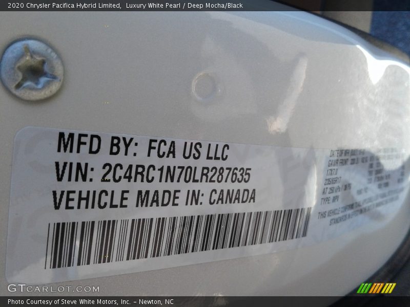 Luxury White Pearl / Deep Mocha/Black 2020 Chrysler Pacifica Hybrid Limited