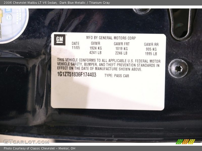 Dark Blue Metallic / Titanium Gray 2006 Chevrolet Malibu LT V6 Sedan