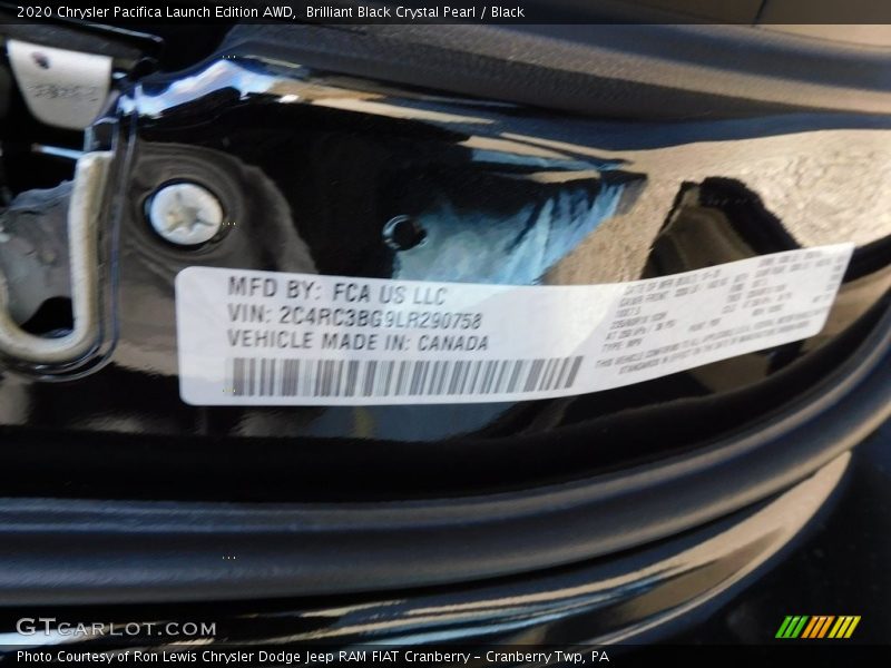 Brilliant Black Crystal Pearl / Black 2020 Chrysler Pacifica Launch Edition AWD