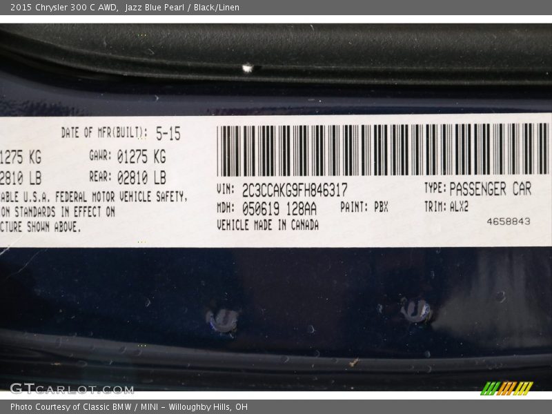 2015 300 C AWD Jazz Blue Pearl Color Code PBX