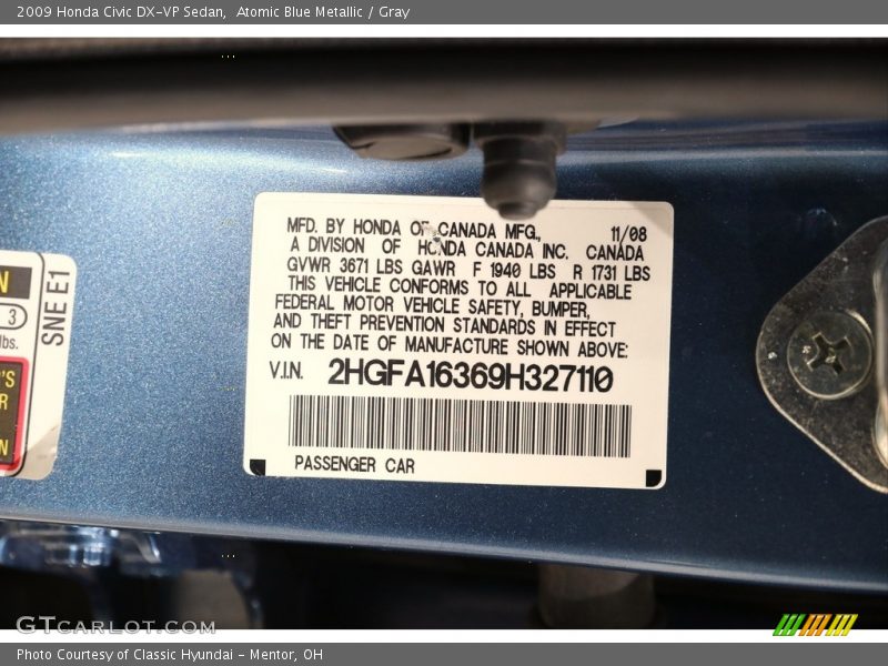 Atomic Blue Metallic / Gray 2009 Honda Civic DX-VP Sedan