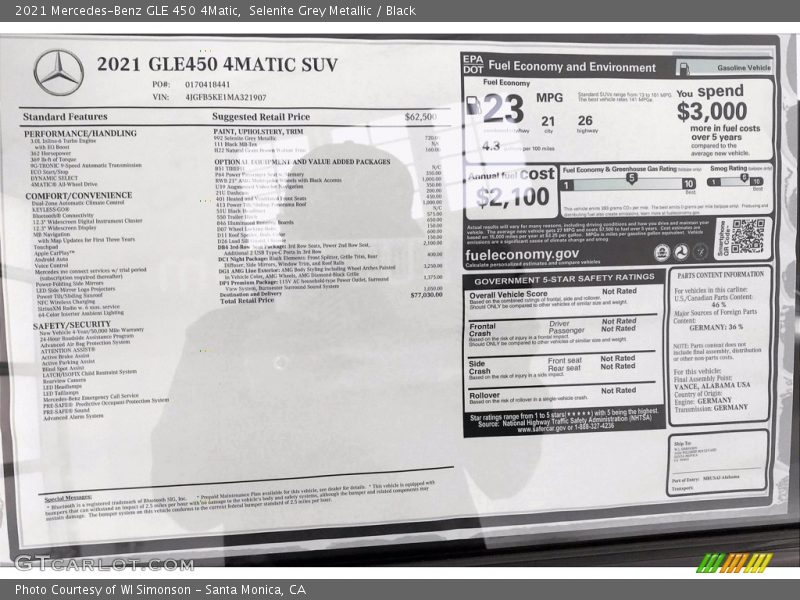  2021 GLE 450 4Matic Window Sticker