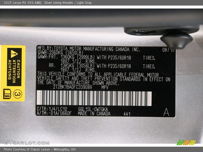 Silver Lining Metallic / Light Gray 2015 Lexus RX 350 AWD