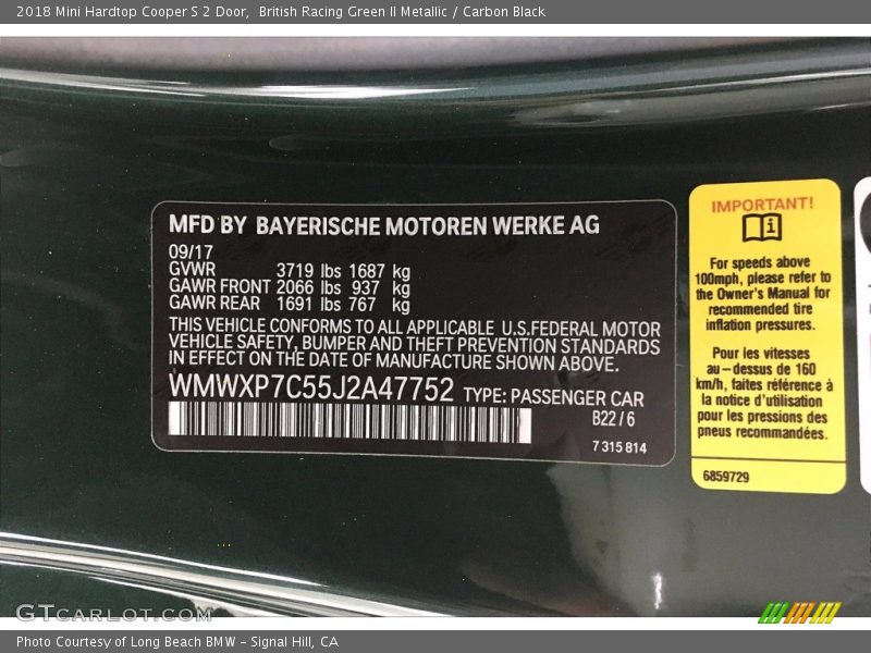 2018 Hardtop Cooper S 2 Door British Racing Green II Metallic Color Code B22