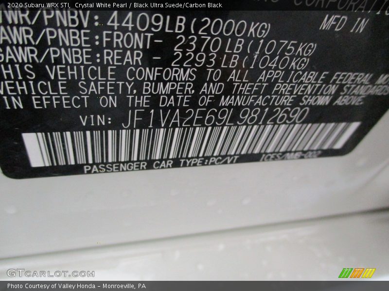 Crystal White Pearl / Black Ultra Suede/Carbon Black 2020 Subaru WRX STI