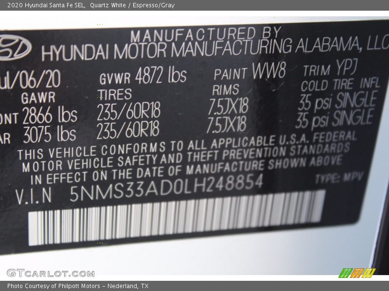 Quartz White / Espresso/Gray 2020 Hyundai Santa Fe SEL