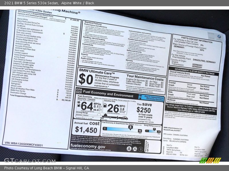  2021 5 Series 530e Sedan Window Sticker