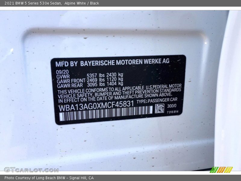 2021 5 Series 530e Sedan Alpine White Color Code 300
