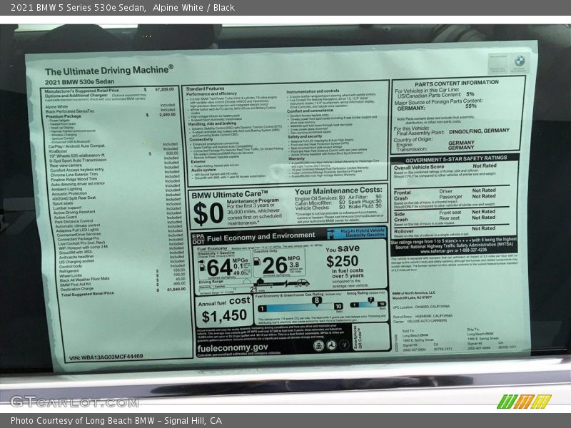  2021 5 Series 530e Sedan Window Sticker